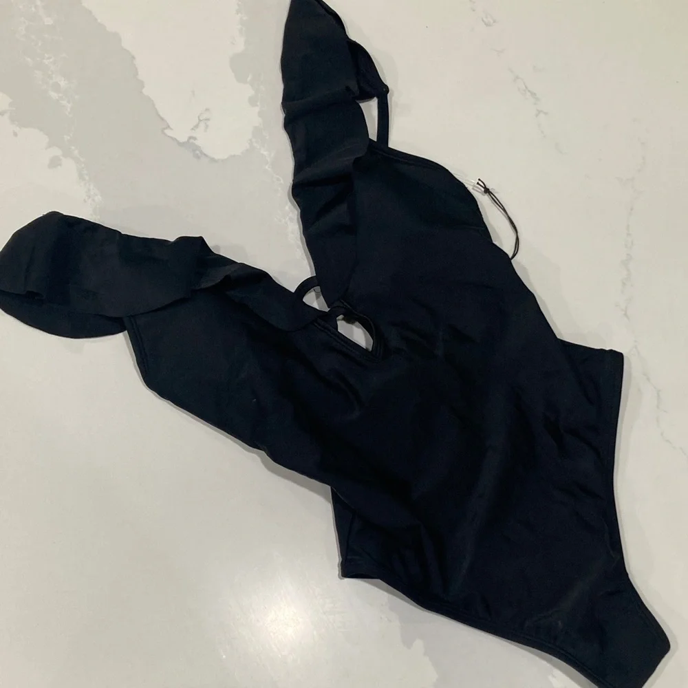 Black Ruffled One-Piece Swimsuit - Picture 1 of 6